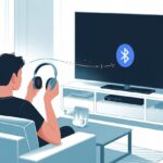 A person sitting on a sofa holding Bluetooth headphones, looking at a smart TV with a connection issue in a living room.