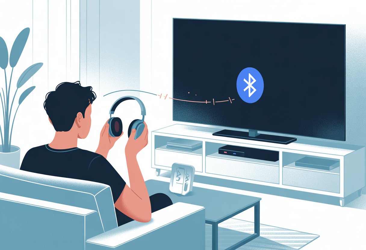 A person sitting on a sofa holding Bluetooth headphones, looking at a smart TV with a connection issue in a living room.