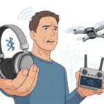 A person outdoors holding Bluetooth headphones and a drone remote, looking confused as the drone hovers nearby.