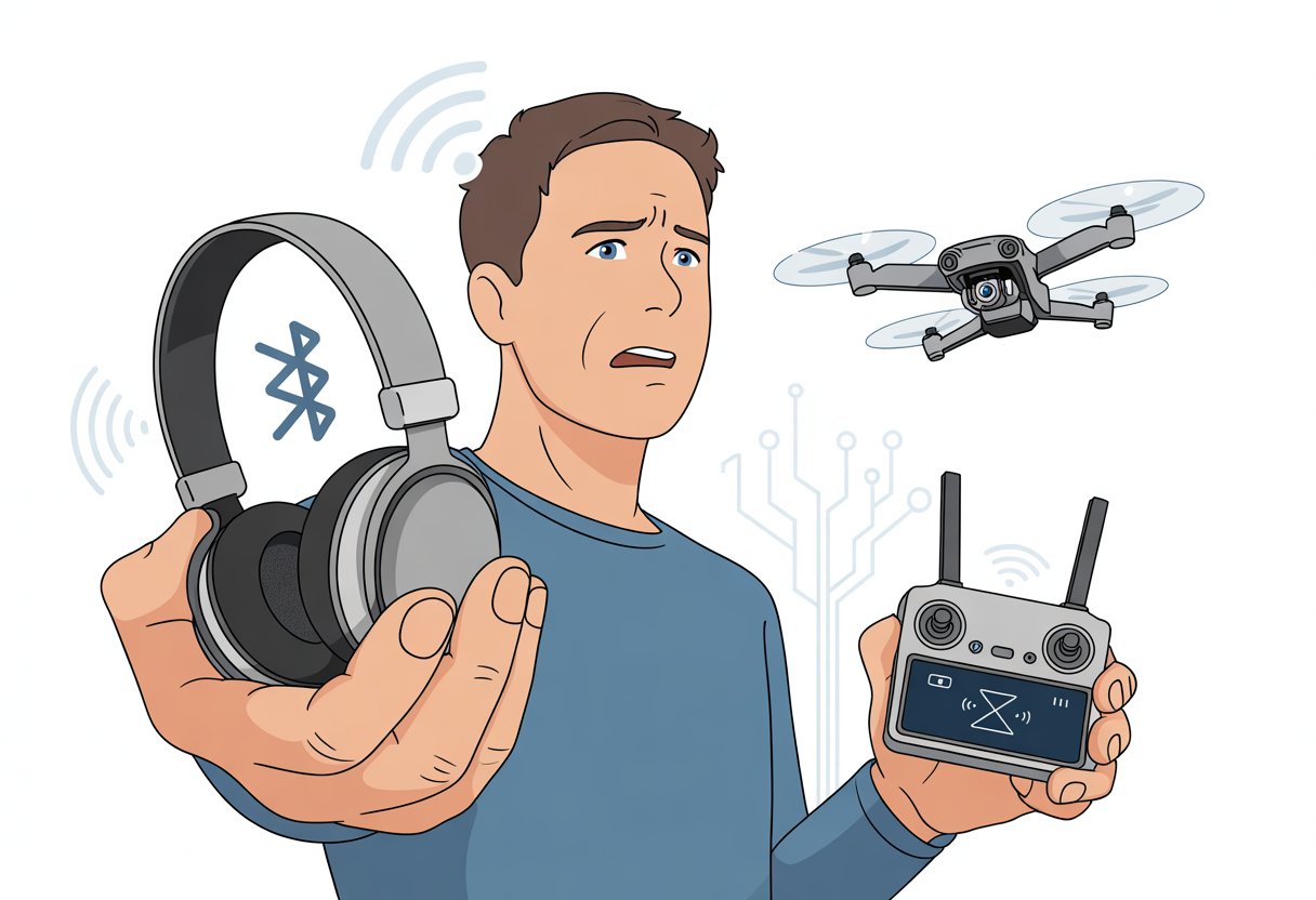 A person outdoors holding Bluetooth headphones and a drone remote, looking confused as the drone hovers nearby.