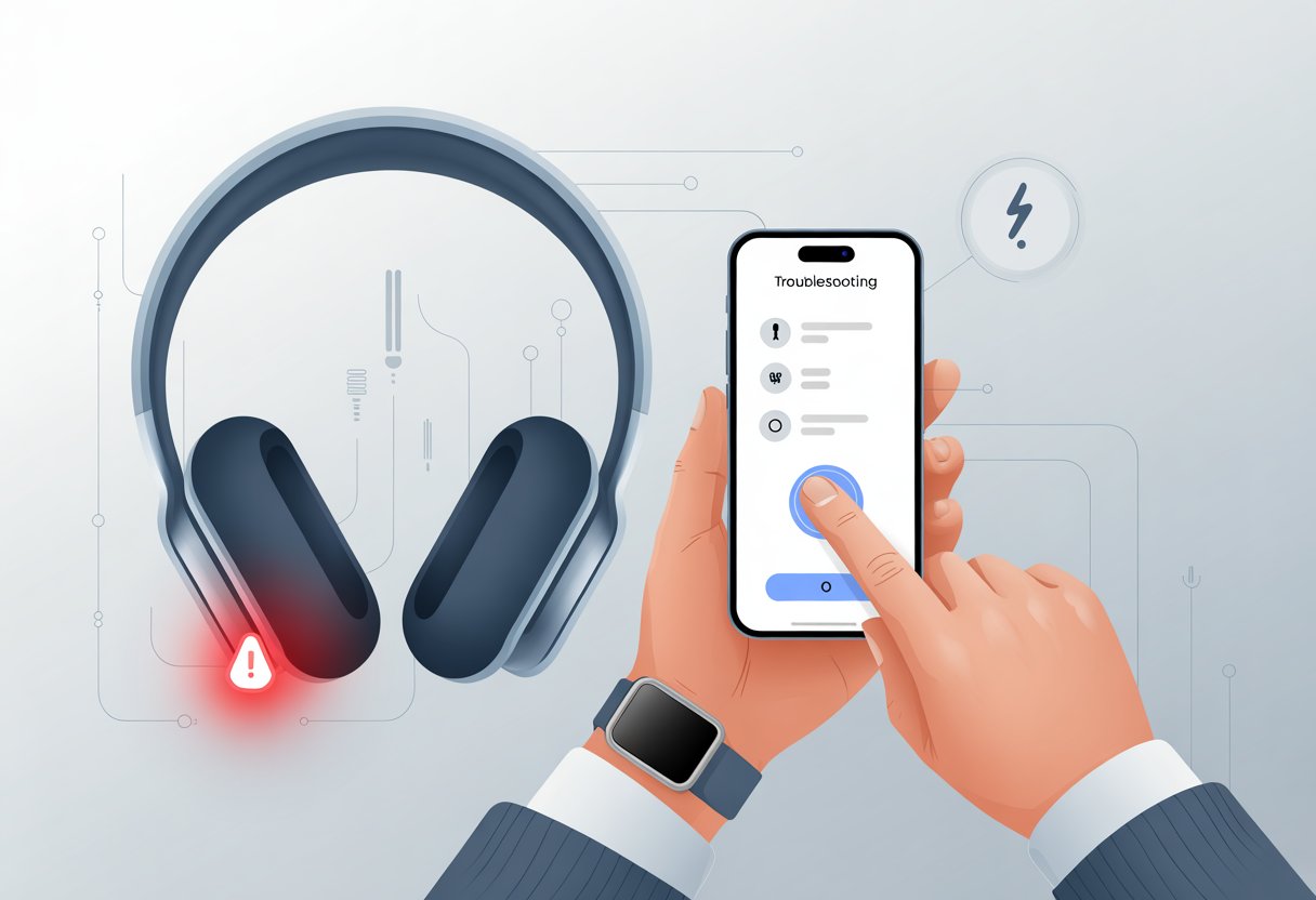 A pair of Bluetooth headphones showing an error icon next to a smartphone screen with troubleshooting icons, and a hand interacting with the phone.