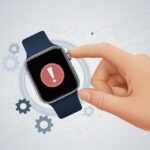 A smartwatch showing a red warning icon on its screen with a hand interacting with it in a clean workspace.
