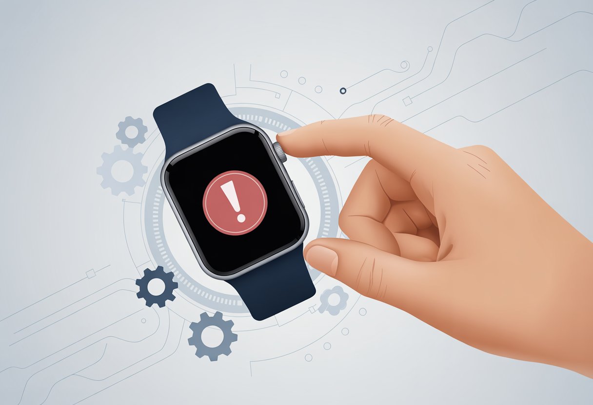 A smartwatch showing a red warning icon on its screen with a hand interacting with it in a clean workspace.
