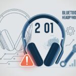 A pair of Bluetooth headphones surrounded by repair icons and digital elements indicating a technical error and troubleshooting process.