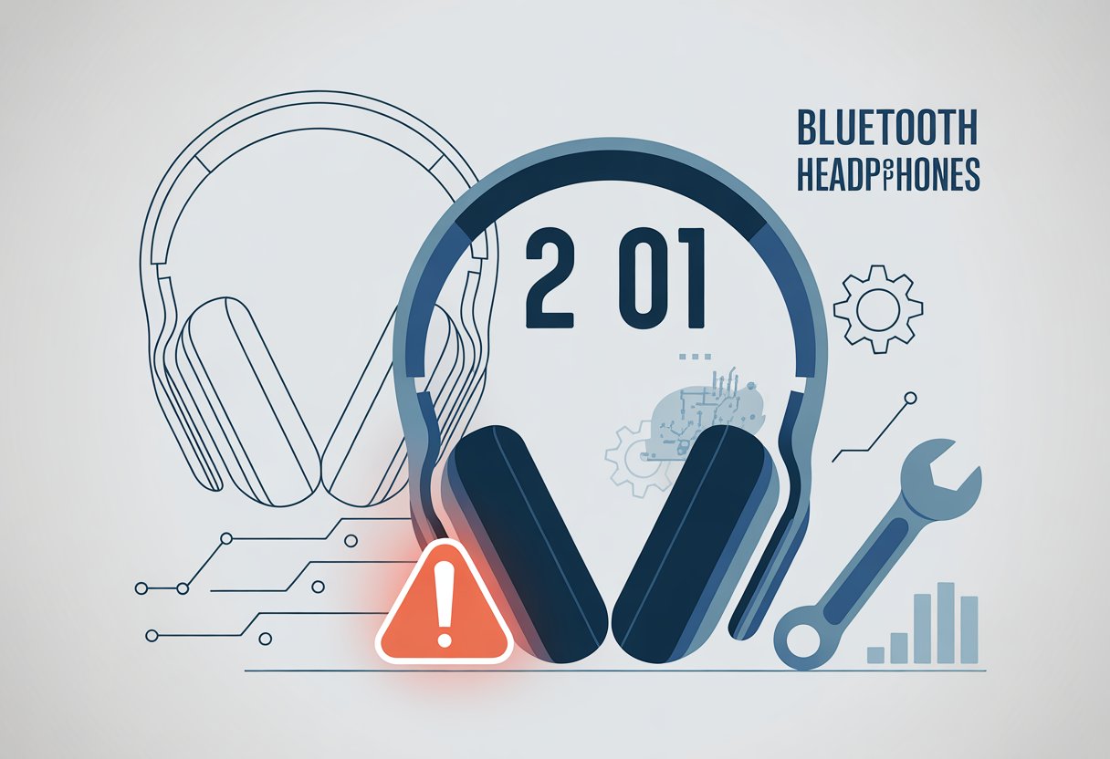 A pair of Bluetooth headphones surrounded by repair icons and digital elements indicating a technical error and troubleshooting process.
