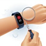 Fitness tracker error code 60 fix: Save Your Steps from Tech Tantrums Hands repairing a fitness tracker on a wrist with a small screwdriver and magnifying glass, showing a red warning icon on the device screen.