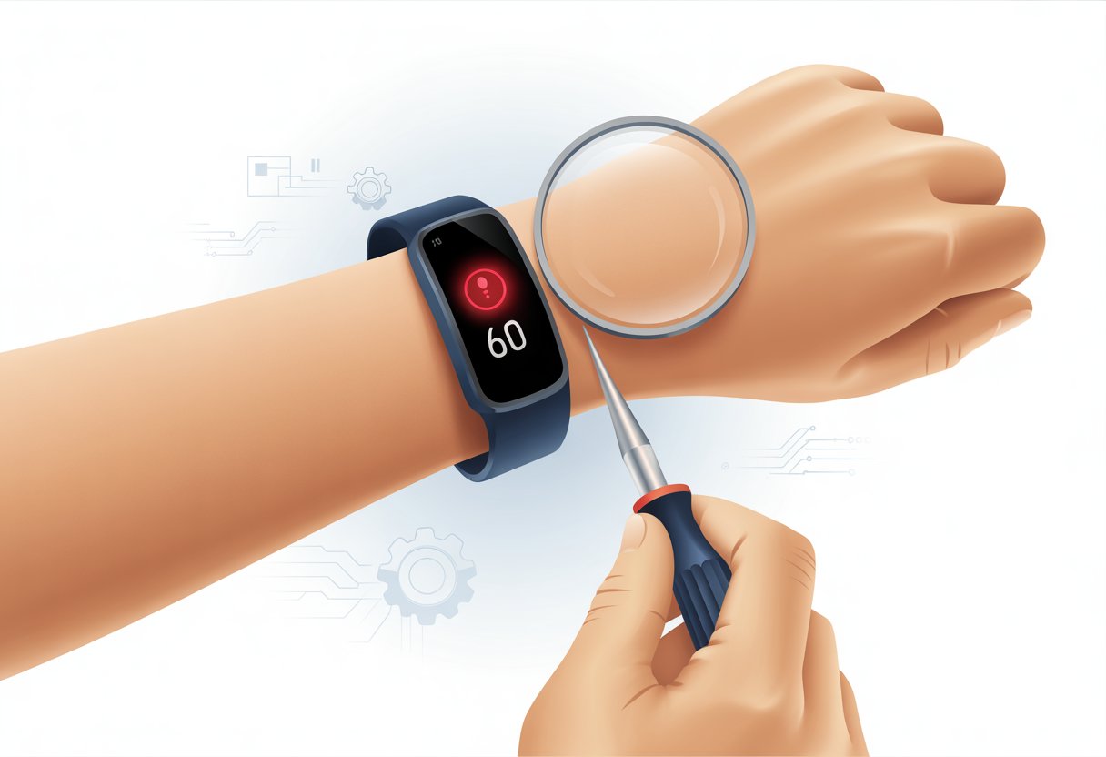 Hands repairing a fitness tracker on a wrist with a small screwdriver and magnifying glass, showing a red warning icon on the device screen.