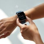 A close-up of a person using a smartwatch on their wrist to take an ECG reading.