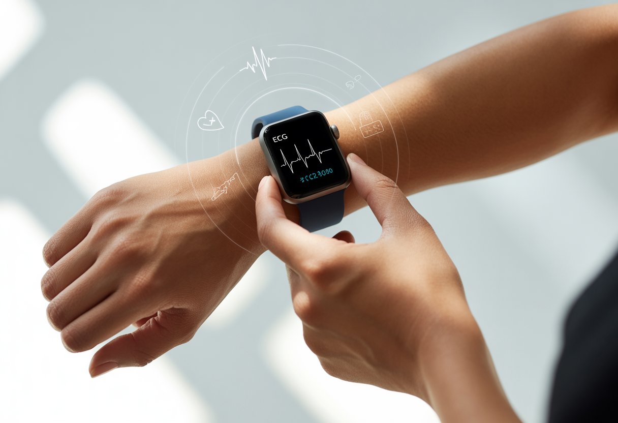 A close-up of a person using a smartwatch on their wrist to take an ECG reading.
