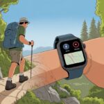 A person hiking on a forest trail wearing a smartwatch and outdoor gear, looking at the smartwatch while walking with mountains in the background.
