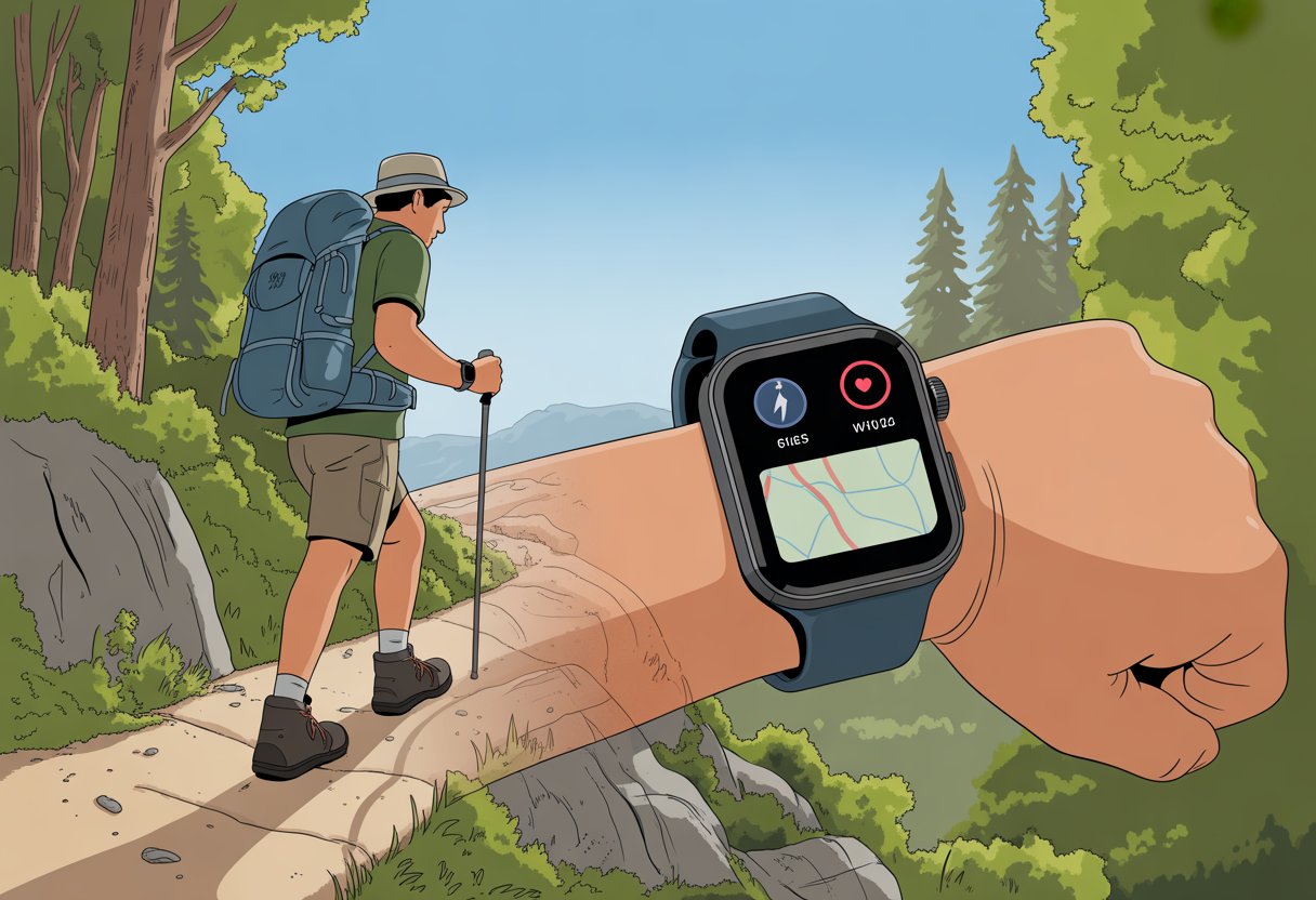 A person hiking on a forest trail wearing a smartwatch and outdoor gear, looking at the smartwatch while walking with mountains in the background.