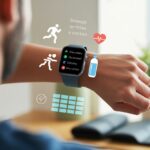 How to Use a Smartwatch for Daily Activity Goals Without Becoming a Cyborg A person’s wrist wearing a smartwatch displaying activity tracking icons and metrics, with a blurred background suggesting a home or gym environment.
