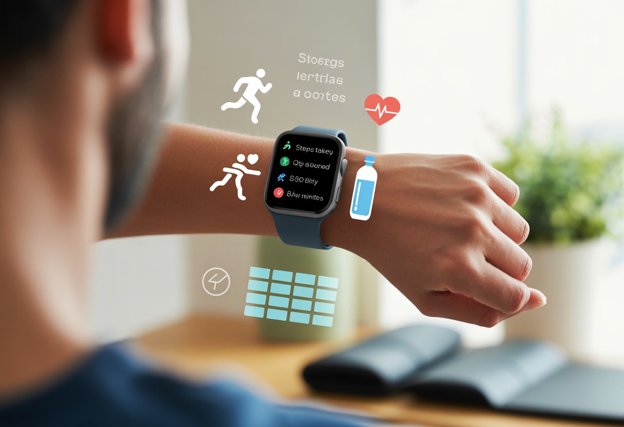A person’s wrist wearing a smartwatch displaying activity tracking icons and metrics, with a blurred background suggesting a home or gym environment.