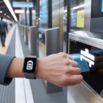 A person holding a smartwatch near a ticket scanner at a transit station to use contactless ticketing.