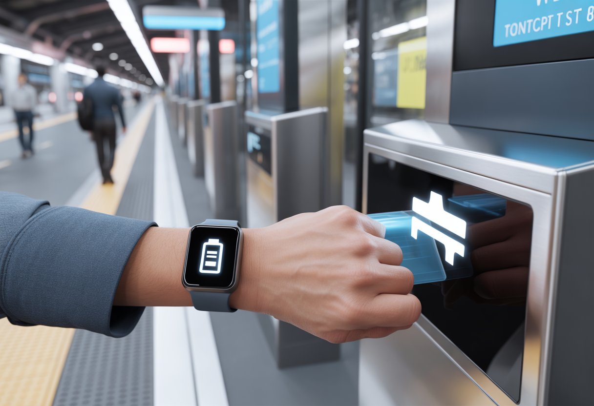 A person holding a smartwatch near a ticket scanner at a transit station to use contactless ticketing.