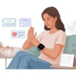 How to use a smartwatch for postpartum health: Because your baby isn’t the only one who needs monitoring A postpartum woman sitting on a couch wearing a smartwatch, with a baby bassinet and health-related items nearby.