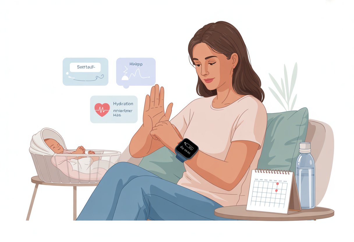 A postpartum woman sitting on a couch wearing a smartwatch, with a baby bassinet and health-related items nearby.