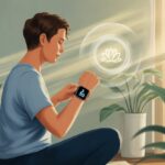 A person sitting cross-legged indoors, looking at their smartwatch, surrounded by plants and soft sunlight, illustrating mindfulness practice.
