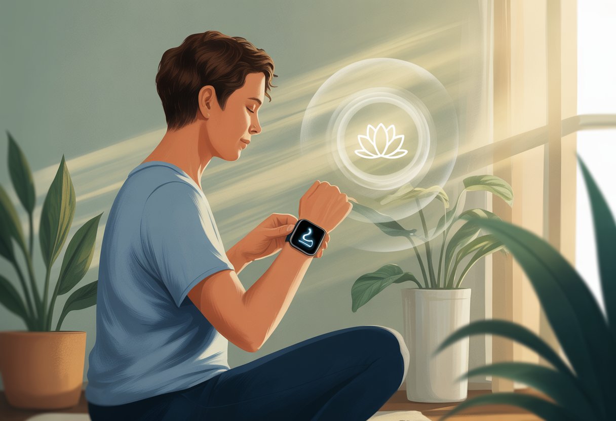 A person sitting cross-legged indoors, looking at their smartwatch, surrounded by plants and soft sunlight, illustrating mindfulness practice.