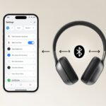 An Android smartphone and Bluetooth headphones shown with visual cues indicating the process of connecting the headphones to the phone via Bluetooth.