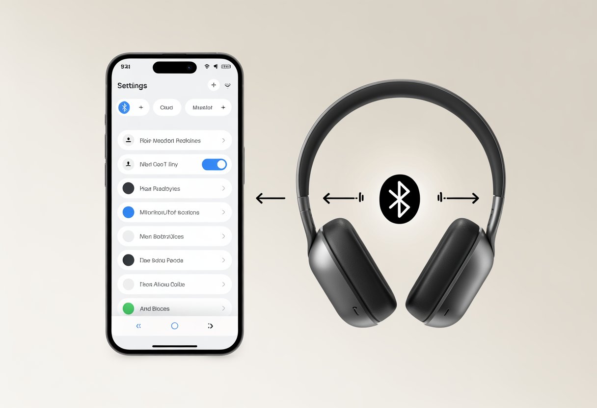 An Android smartphone and Bluetooth headphones shown with visual cues indicating the process of connecting the headphones to the phone via Bluetooth.