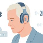 A person wearing hearing aids with Bluetooth headphones over their ears, showing wireless connectivity.
