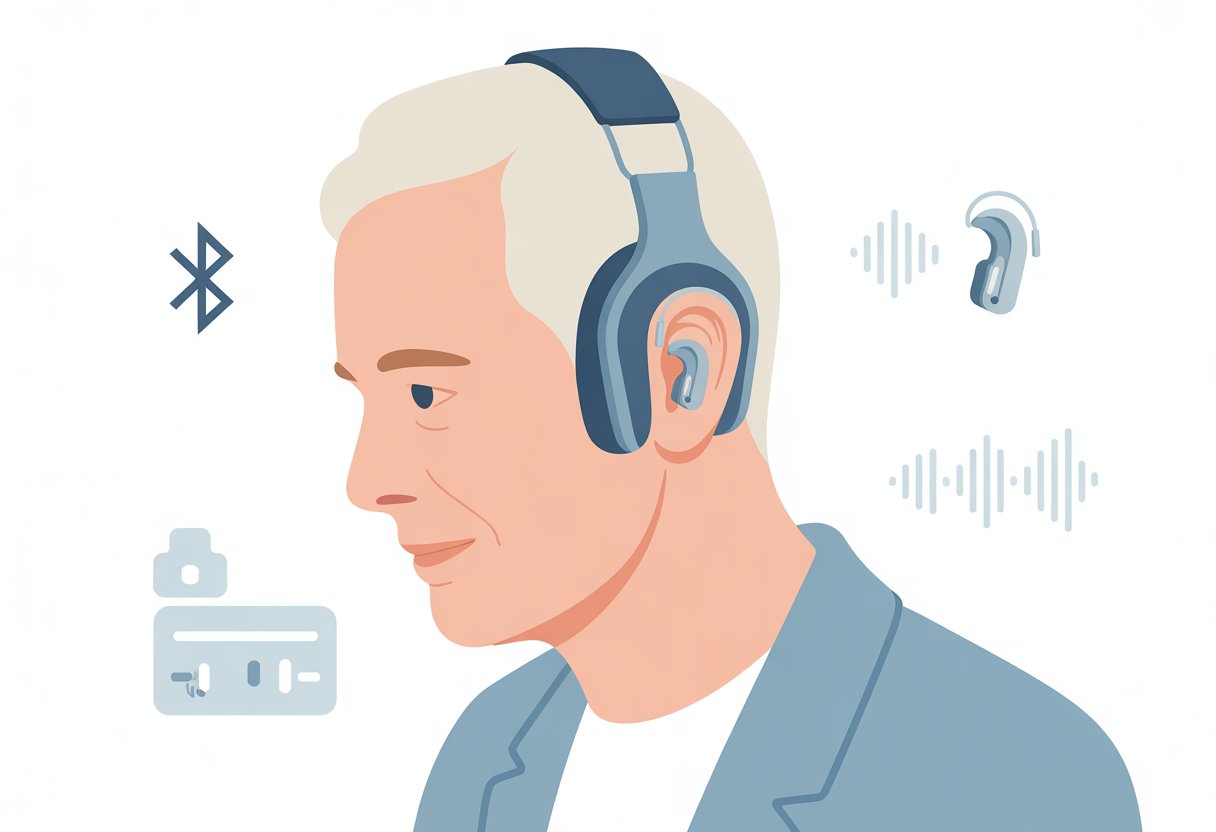 A person wearing hearing aids with Bluetooth headphones over their ears, showing wireless connectivity.