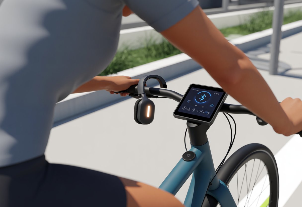 Person riding a smart bike wearing Bluetooth headphones with a digital display on the bike's handlebar.