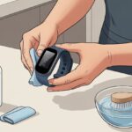 How to Clean a Fitness Tracker Without Killing It or Your Motivation Hands cleaning a fitness tracker with a microfiber cloth next to a small bottle of cleaning solution and a bowl of water with a soft brush on a clean surface.