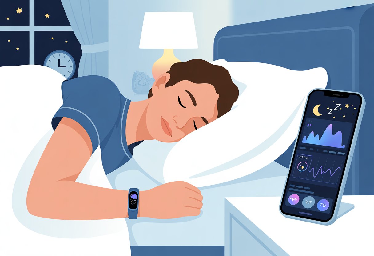 A person sleeping in bed wearing a fitness tracker, with a smartphone nearby showing sleep data and a night sky visible through a window.