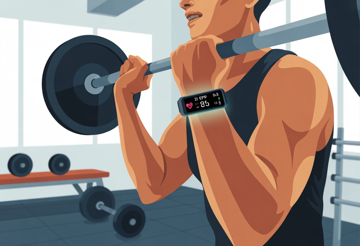 A person lifting a barbell in a gym while wearing a fitness tracker on their wrist.