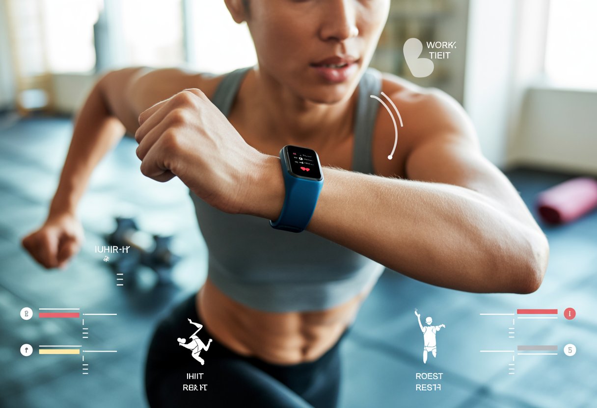 A person doing a high-intensity workout wearing a fitness tracker on their wrist in a gym setting.