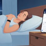 Person lying in bed wearing a fitness tracker with a smartphone showing sleep data on a bedside table in a nighttime bedroom.