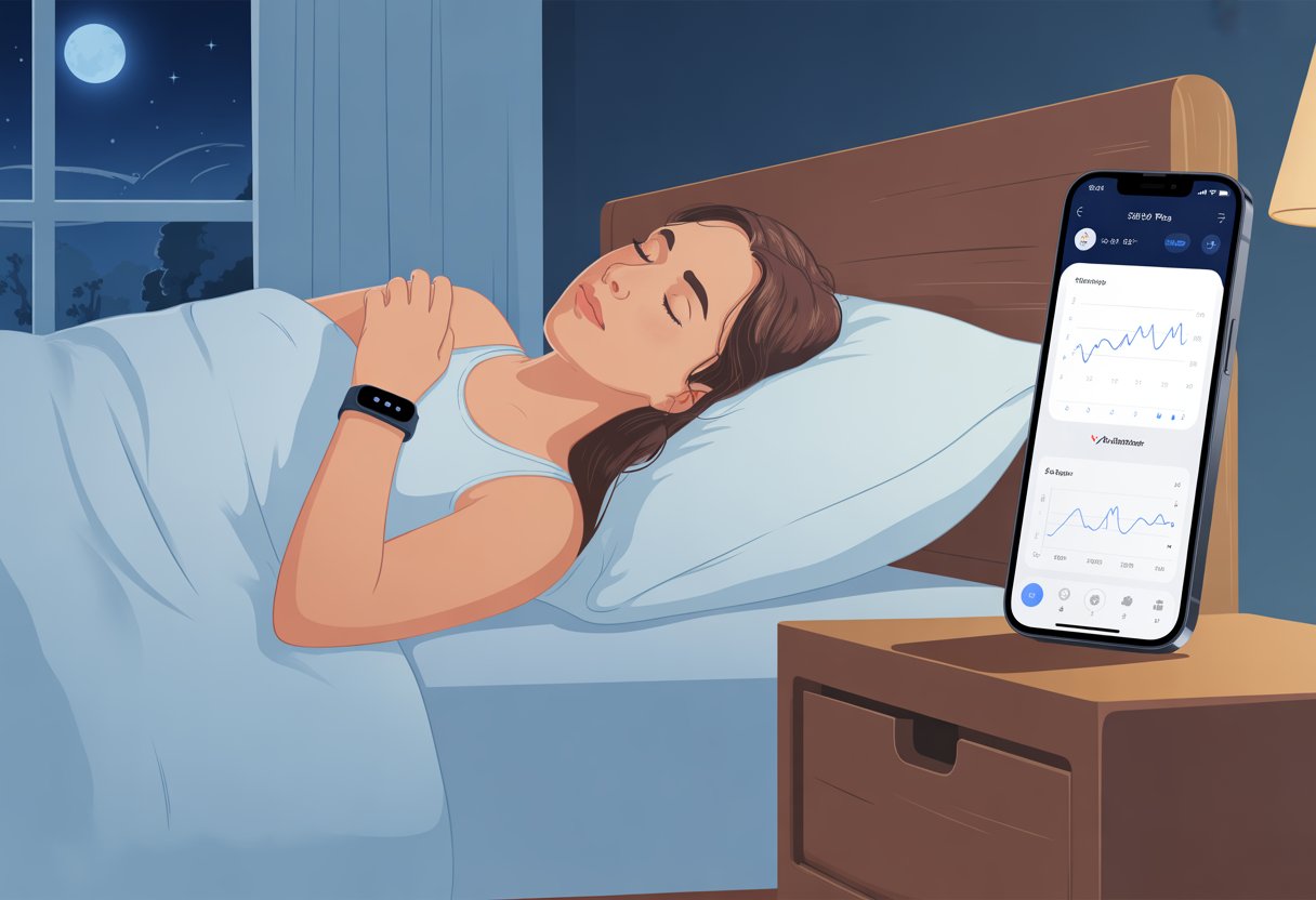 Person lying in bed wearing a fitness tracker with a smartphone showing sleep data on a bedside table in a nighttime bedroom.
