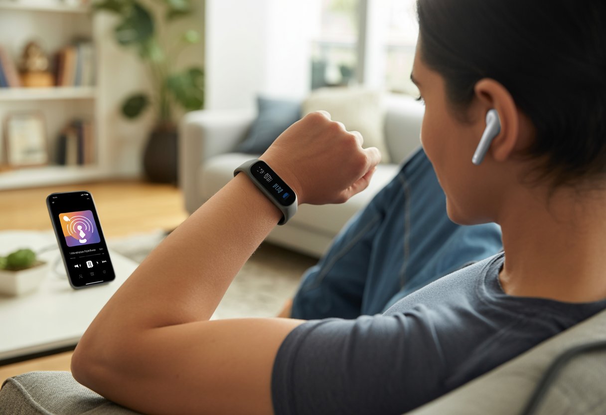A person sitting on a couch wearing a fitness tracker and wireless earbuds, looking at the tracker while listening to a podcast, with a smartphone nearby showing a podcast app.