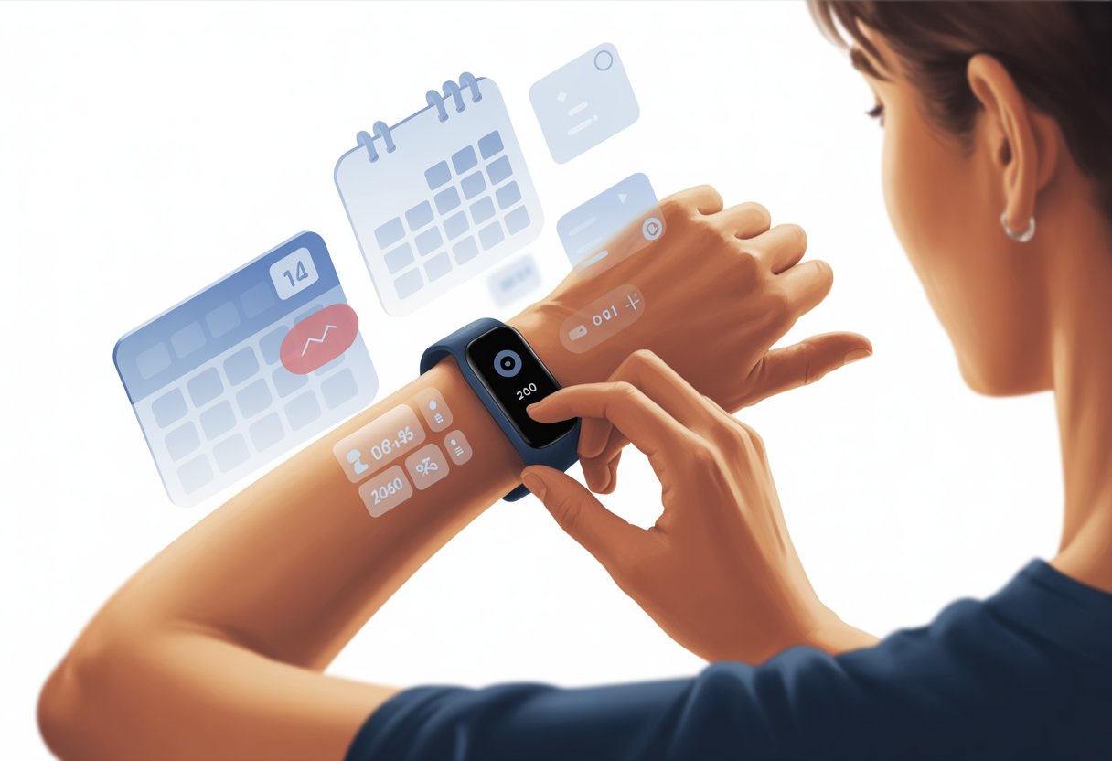 A person wearing a fitness tracker on their wrist is interacting with it, with floating calendar icons around the wrist.