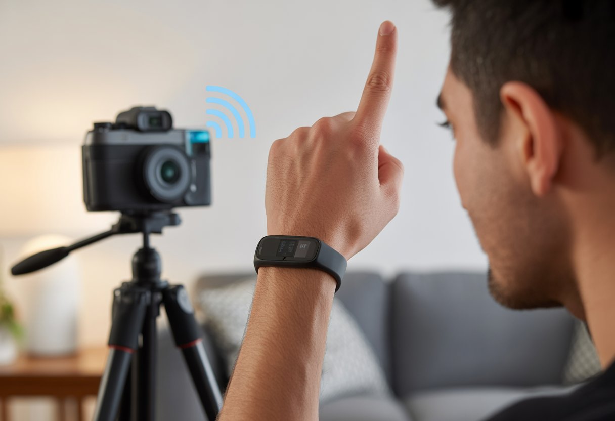 A person using a fitness tracker on their wrist to remotely control a camera on a tripod.