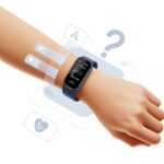 Close-up of a wrist wearing a fitness tracker displaying health metrics except blood pressure, with icons representing heart rate and steps around it.