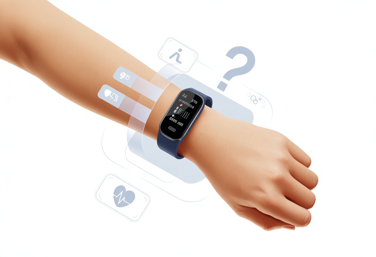 Close-up of a wrist wearing a fitness tracker displaying health metrics except blood pressure, with icons representing heart rate and steps around it.