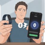 Why is my fitness tracker not pairing with Fitbit app? Common Tech Woes and Silly Solutions A person at a desk holding a fitness tracker and looking at a smartphone showing a connection error, appearing frustrated.