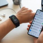 Close-up of a wrist wearing a fitness tracker showing fitness data but no notifications, with a smartphone nearby displaying Instagram notifications.
