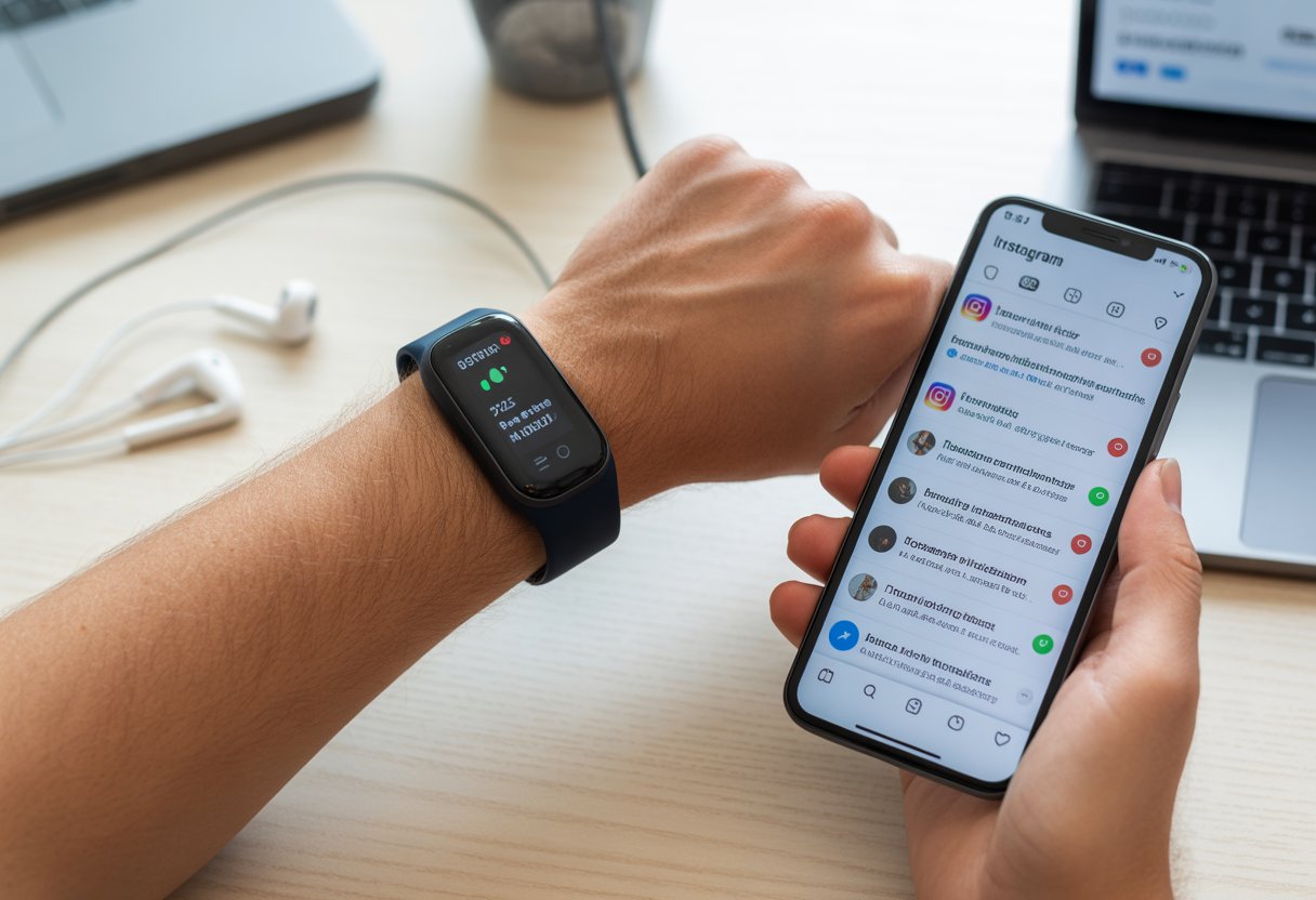 Close-up of a wrist wearing a fitness tracker showing fitness data but no notifications, with a smartphone nearby displaying Instagram notifications.