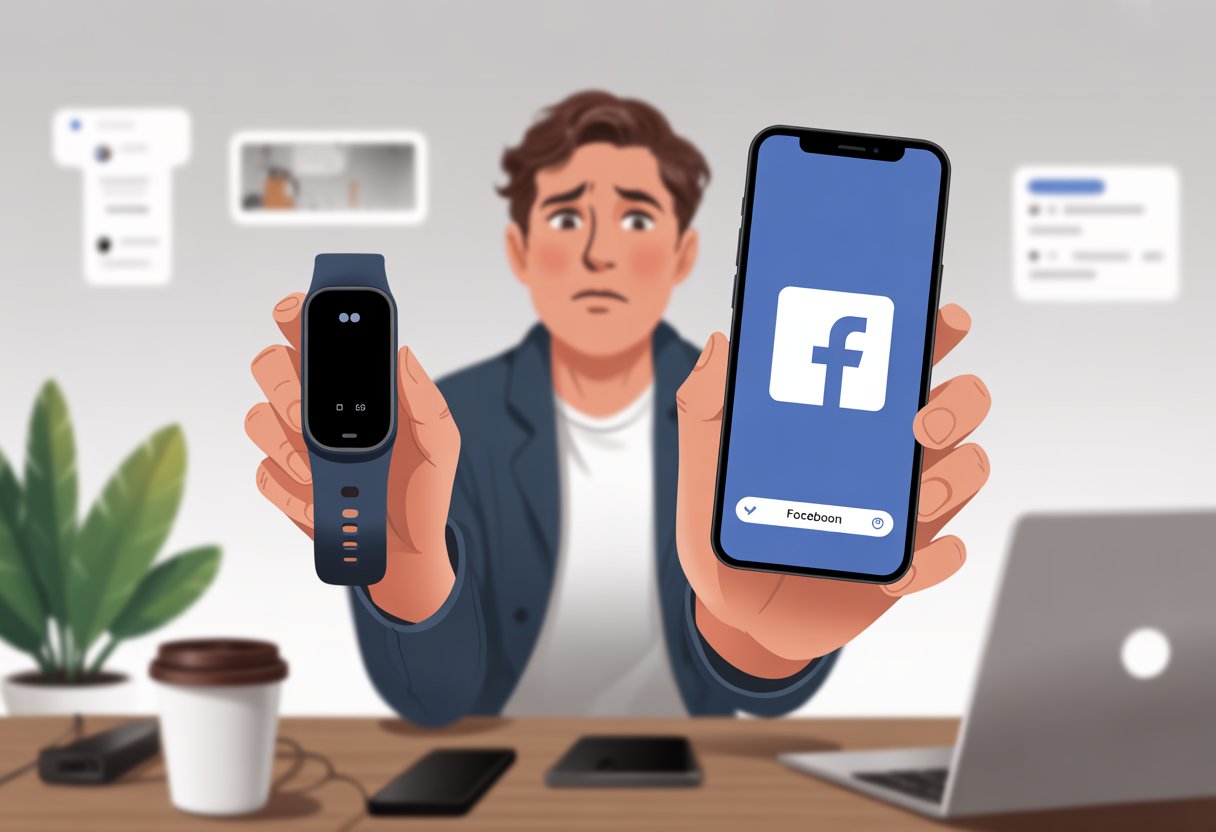 A person sitting at a desk looking confused while holding a fitness tracker and a smartphone showing the Facebook app.