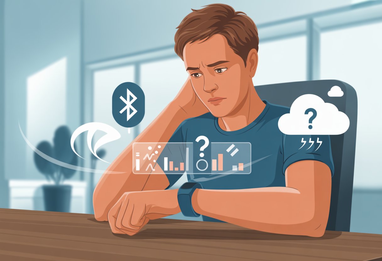 A person sitting at a desk looking confused while checking their fitness tracker with unclear data on the screen and icons representing connectivity and battery issues nearby.