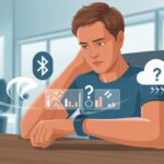 A person sitting at a desk looking confused while checking their fitness tracker with unclear data on the screen and icons representing connectivity and battery issues nearby.