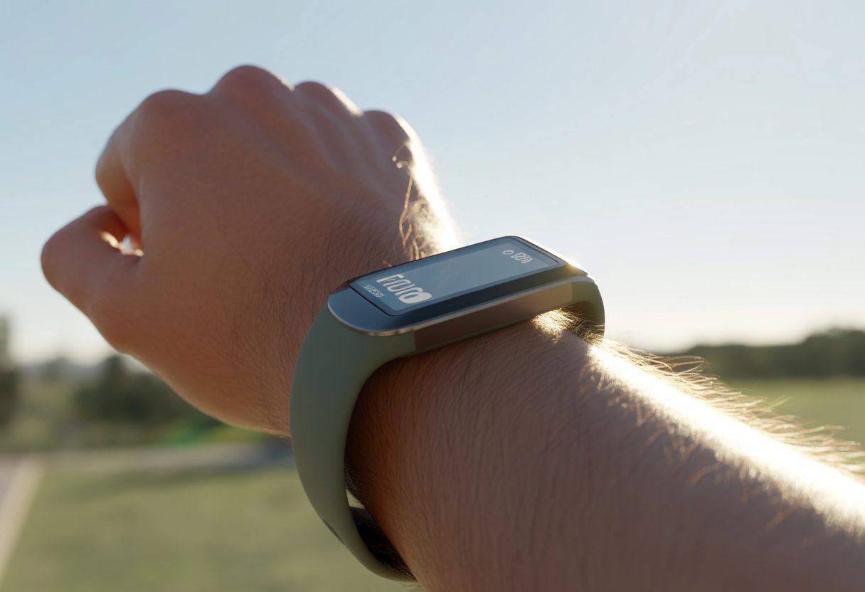 A close-up of a wrist wearing a fitness tracker outdoors in bright sunlight, showing the screen partially washed out by glare.