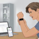 A person looking confused while checking their fitness tracker and a nearby device showing no workout data.