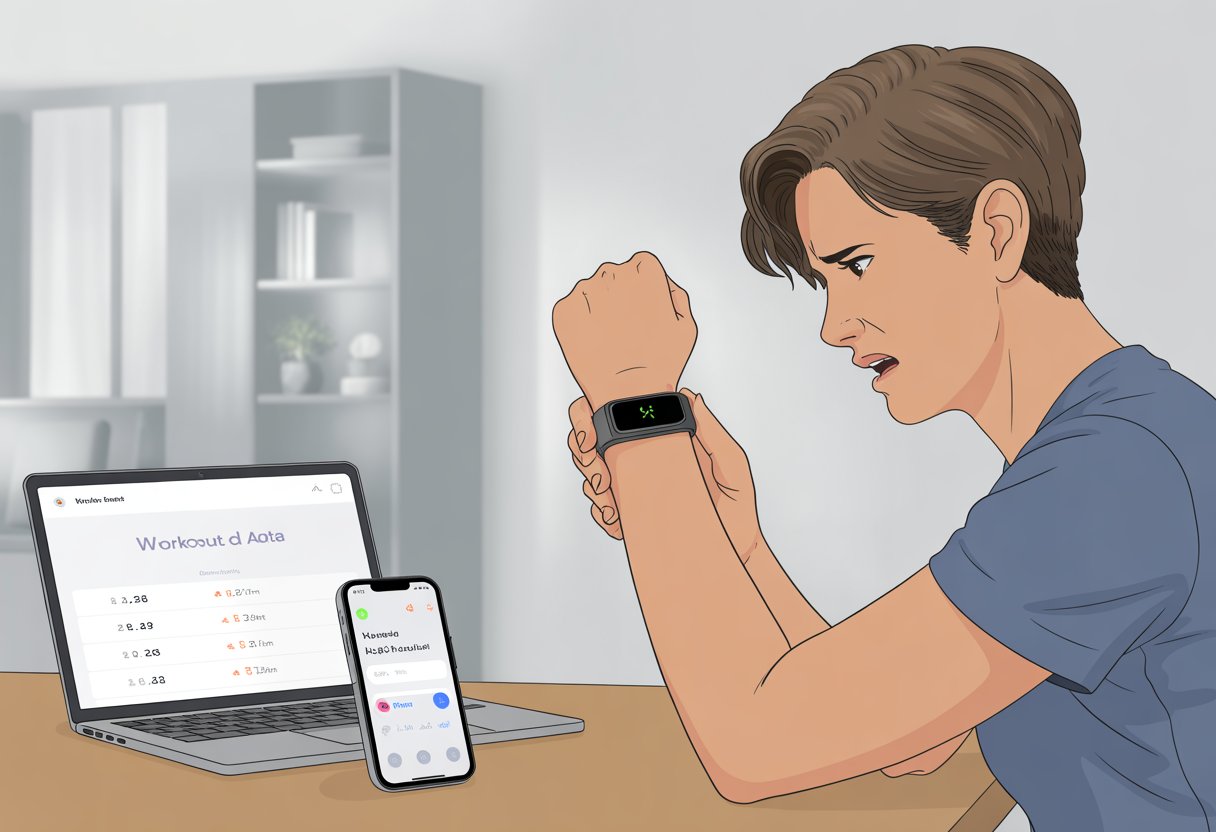 A person looking confused while checking their fitness tracker and a nearby device showing no workout data.
