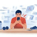 A person sitting at a desk looking frustrated while holding a smartphone showing a fitness app error, with fitness gear nearby.