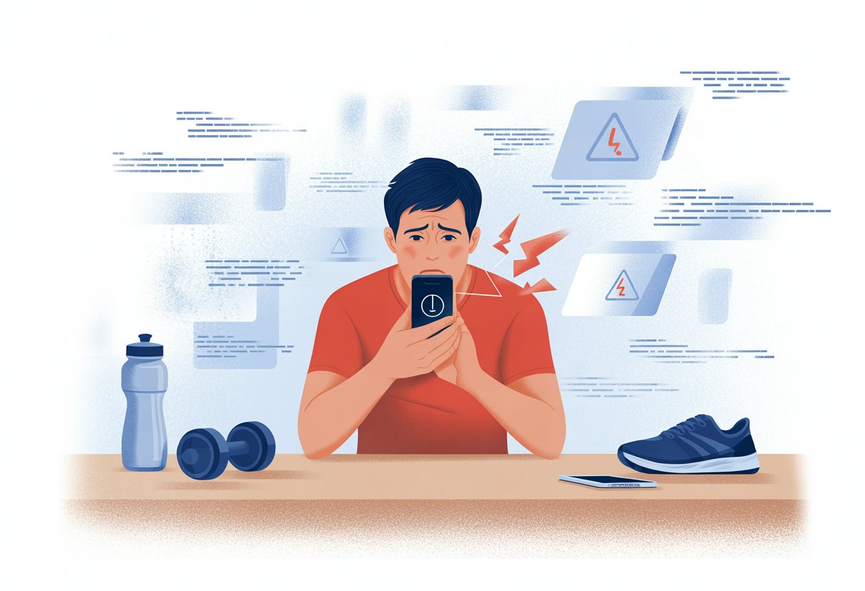 A person sitting at a desk looking frustrated while holding a smartphone showing a fitness app error, with fitness gear nearby.